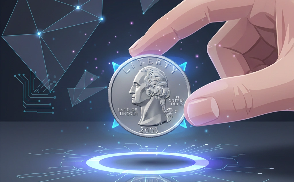 A person rotating a 2003 quarter under digital lighting to examine details