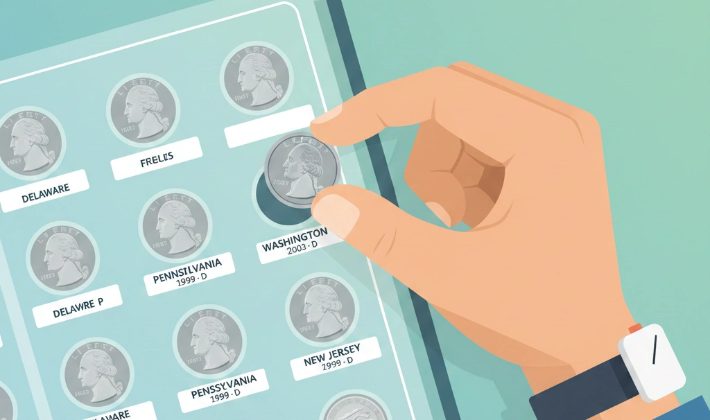 A collector adding a Washington 2003 quarter to a labeled album slot