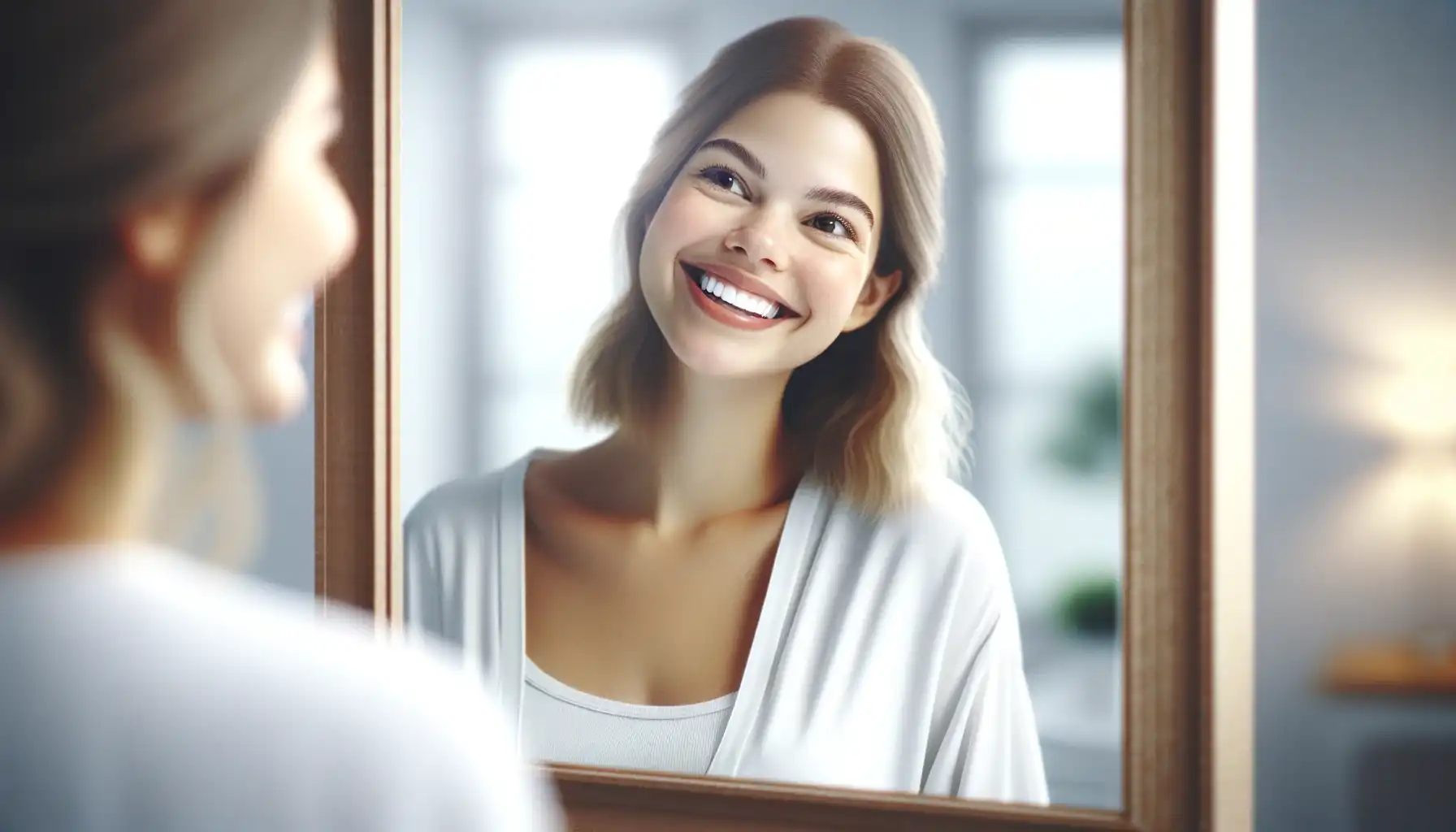 A young smiling woman with short dark hair standing in front of the mirror in white clothes.
