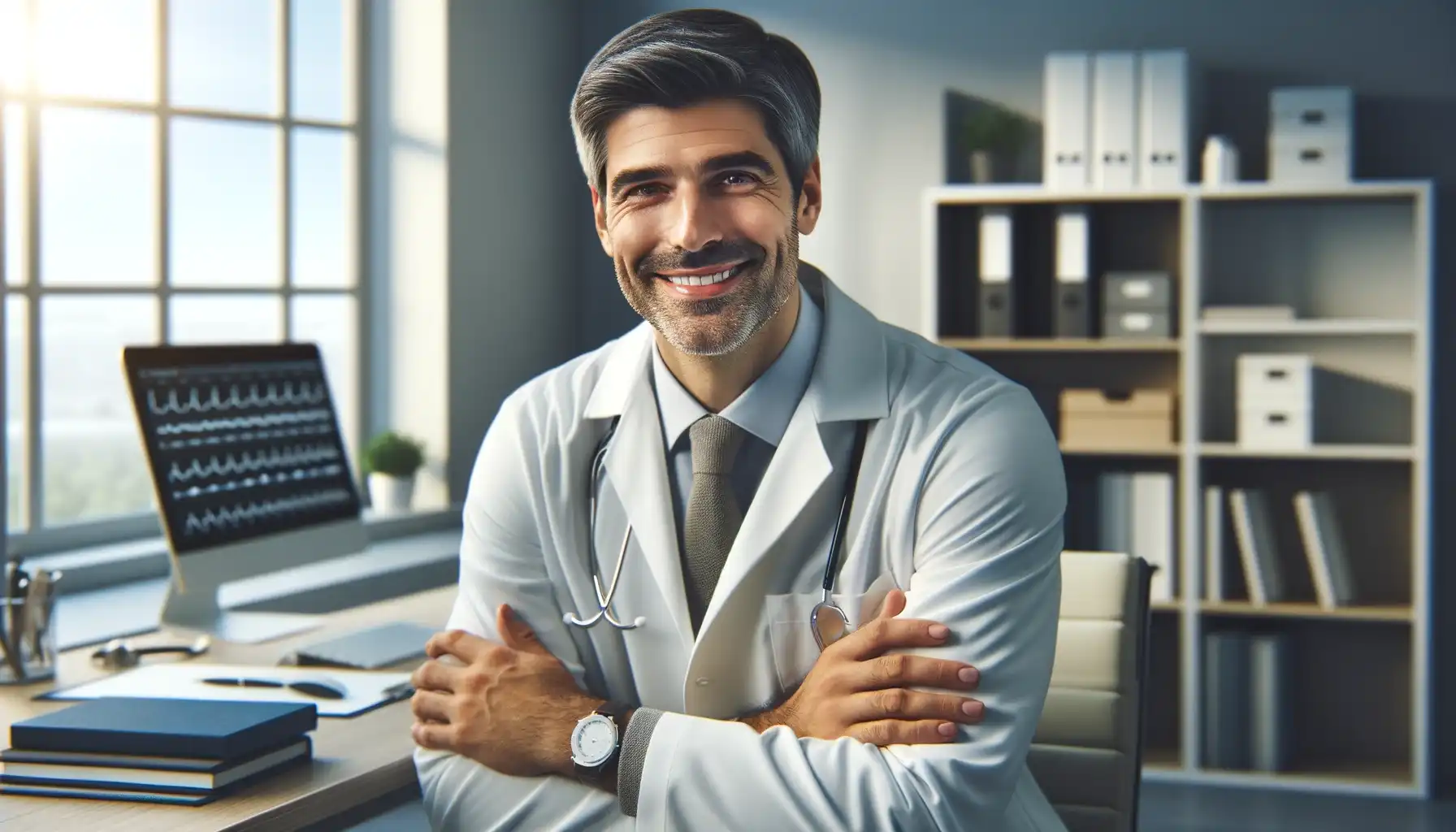A middle-aged Turkish male doctor, smiling and seated in his office. The doctor appears professional and friendly, wearing a white lab coat. His office is modern and well-organized, with medical books, a computer, and medical equipment visible in the background.