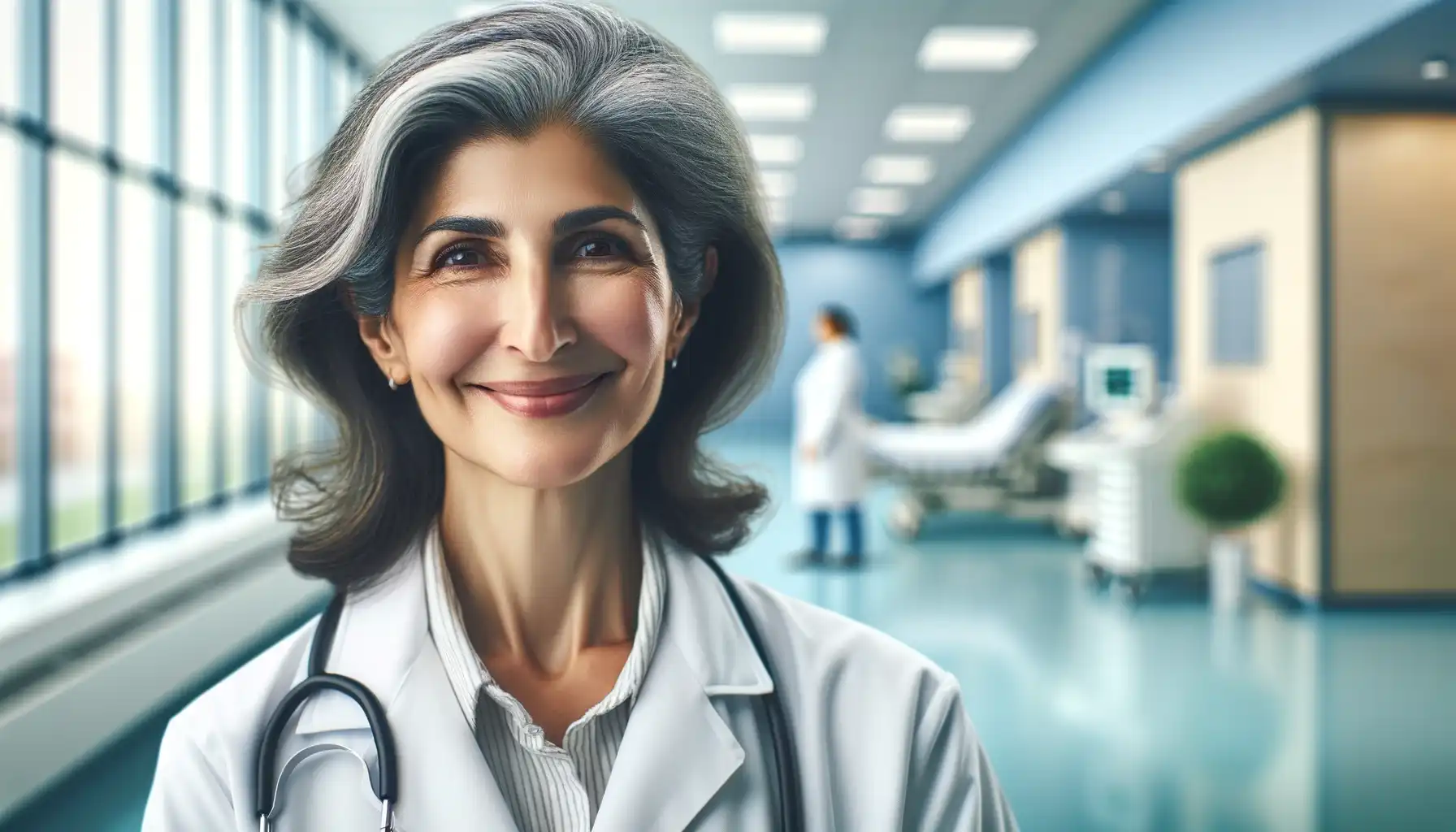 A middle-aged Turkish woman doctor smiling in a hospital hall. She wears a white medical coat. The background is a hospital setting, showcasing a modern and clean environment of a medical facility.