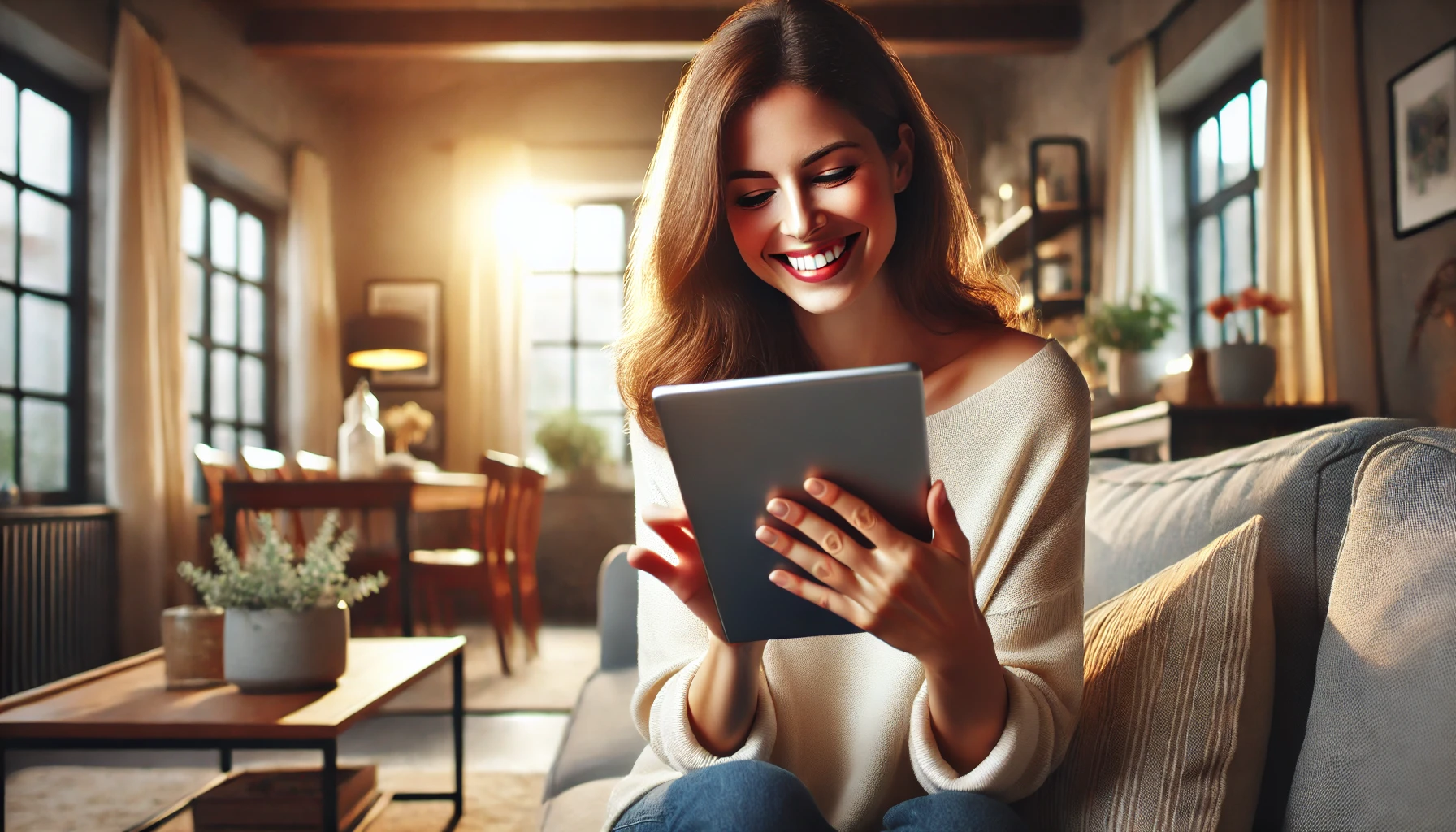 A woman after minimally invasive plastic surgery is using a tablet with health and location tracking apps to update the health metrics and discuss progress of recovery with her doctor.