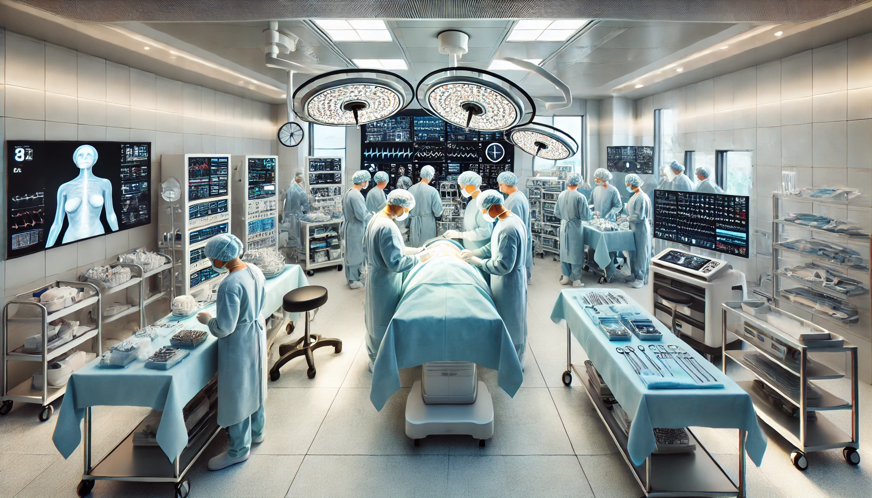 a bustling scene in a modern Turkish cosmetic surgery clinic.