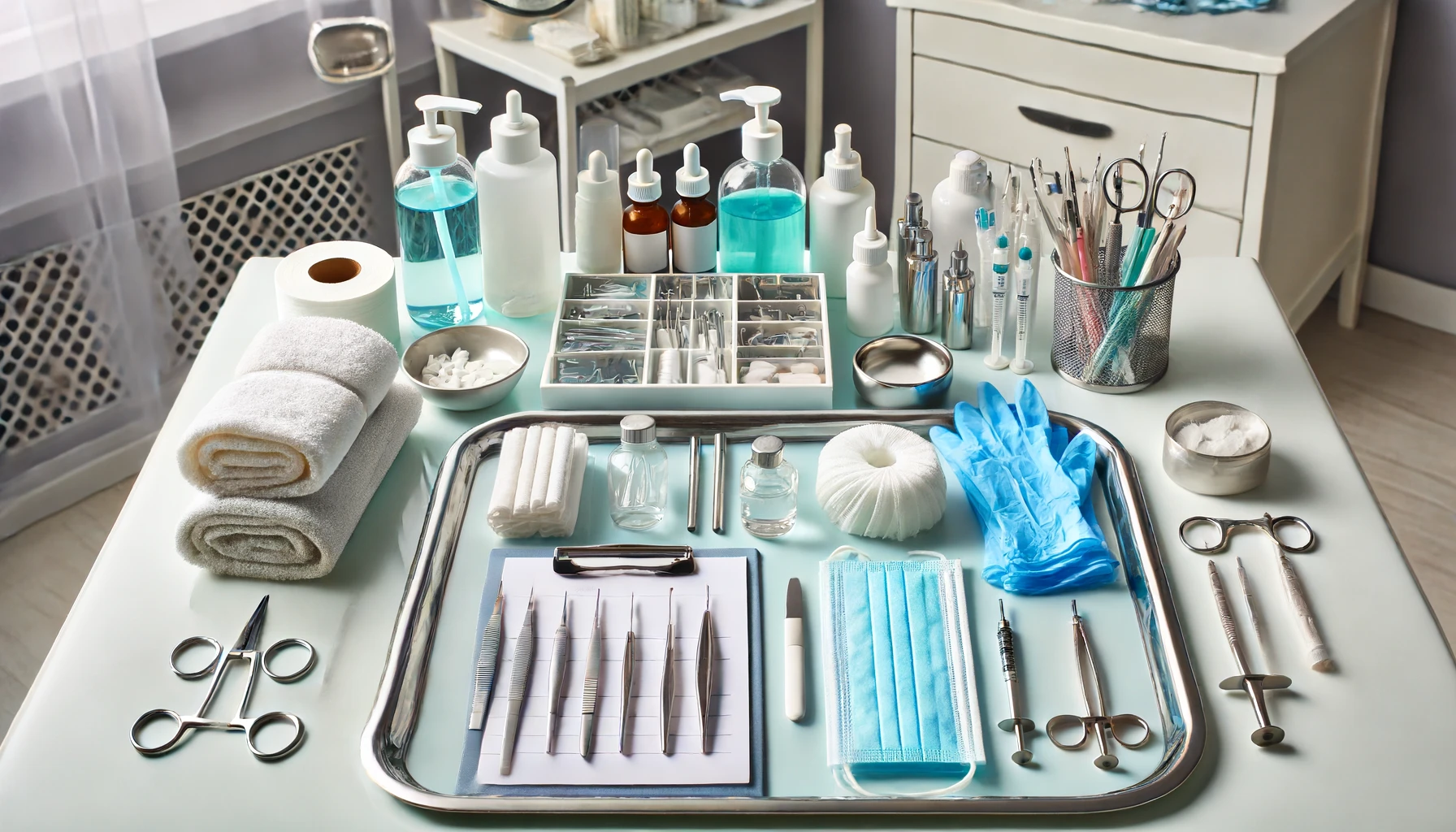  A beautifully organized vanity table with various cosmetic surgery tools and medical supplies neatly arranged. 