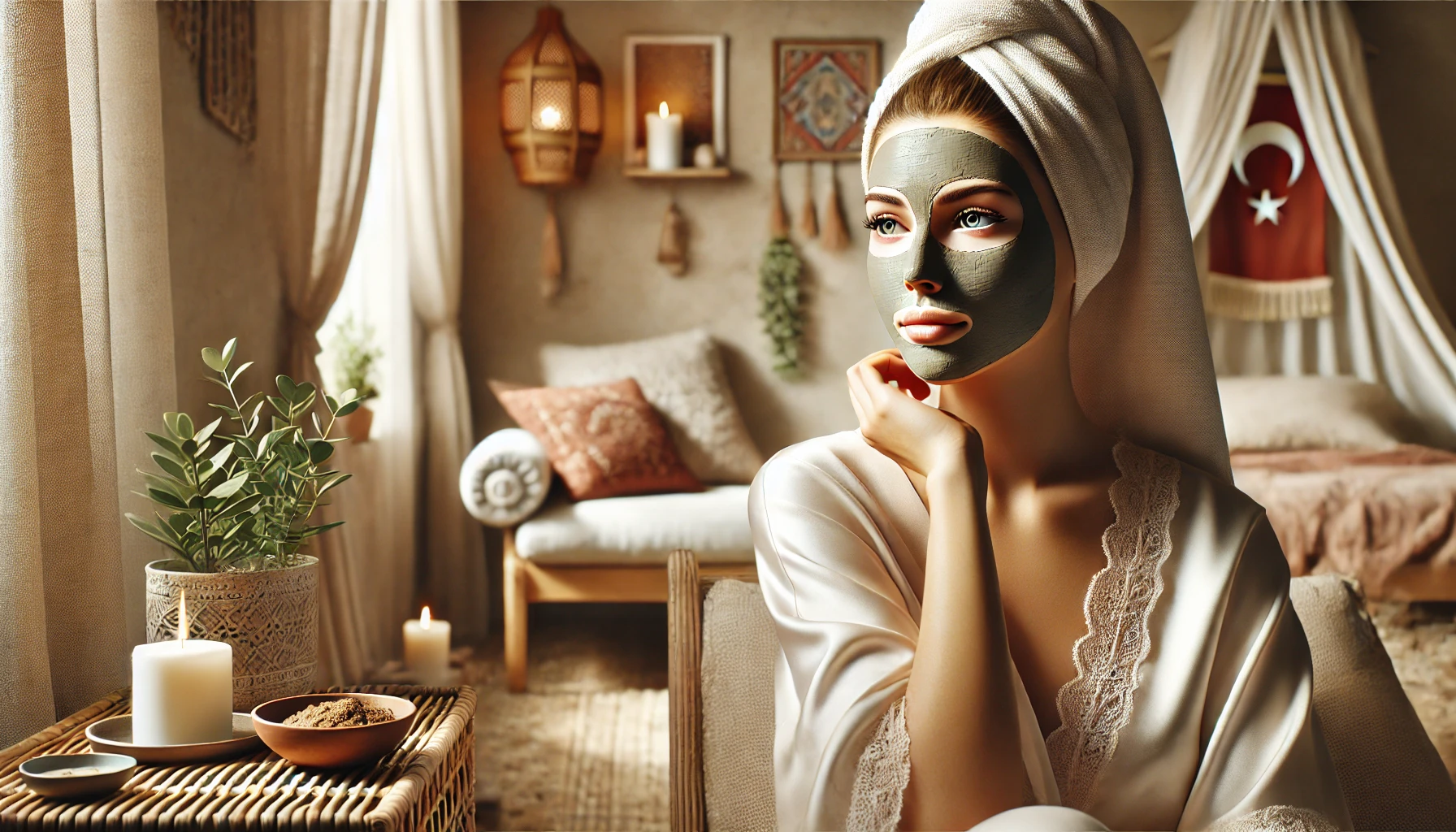 A woman wearing a Turkish clay face mask, relaxing in a serene and calming environment. 