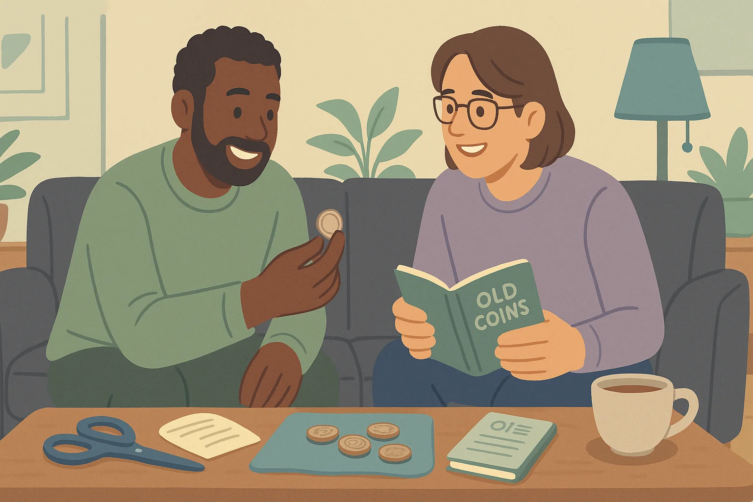 Two friends discuss coins while reading guidebooks at home.