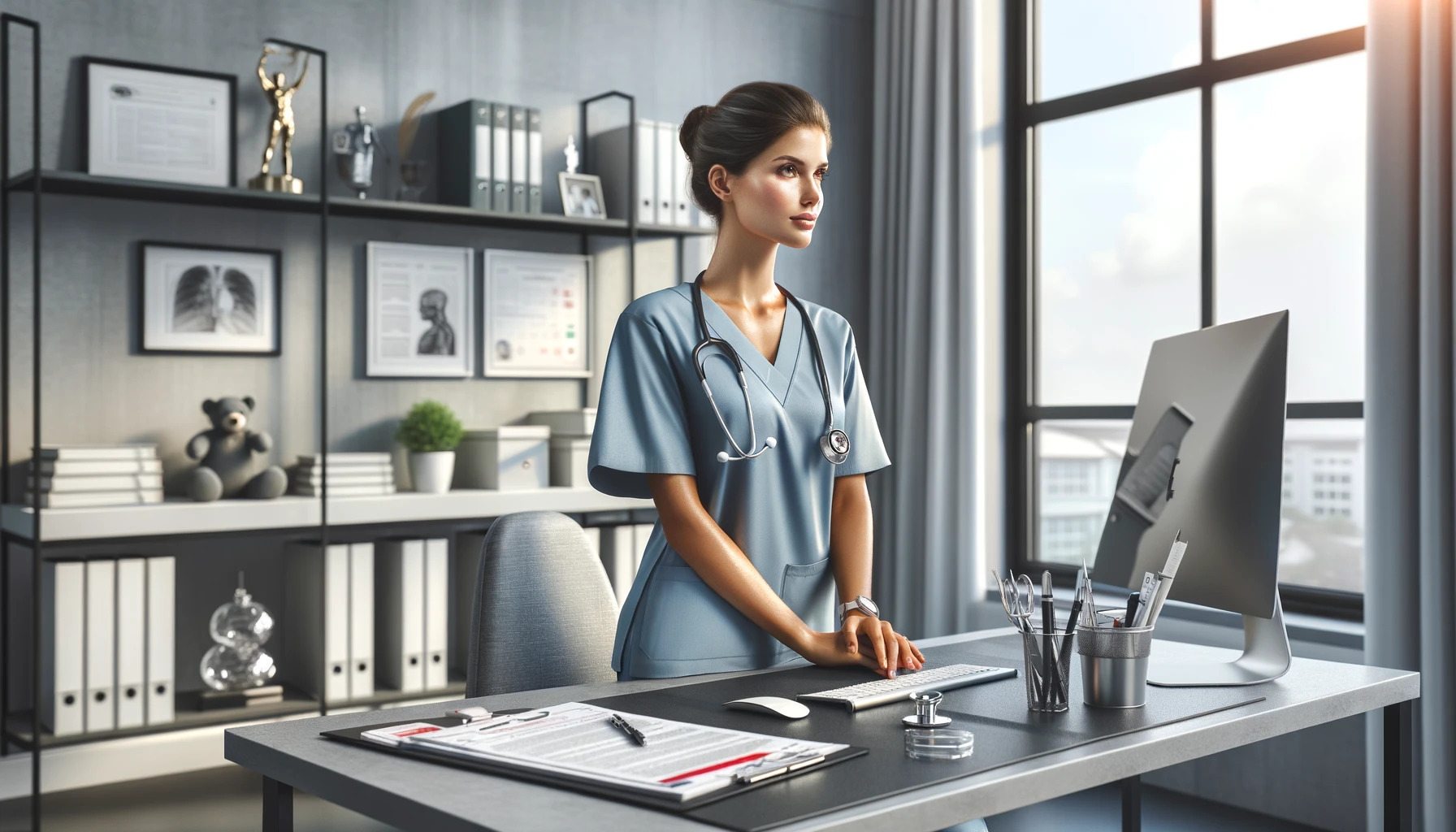 A female surgeon in her office, showcasing professionalism and determination. 