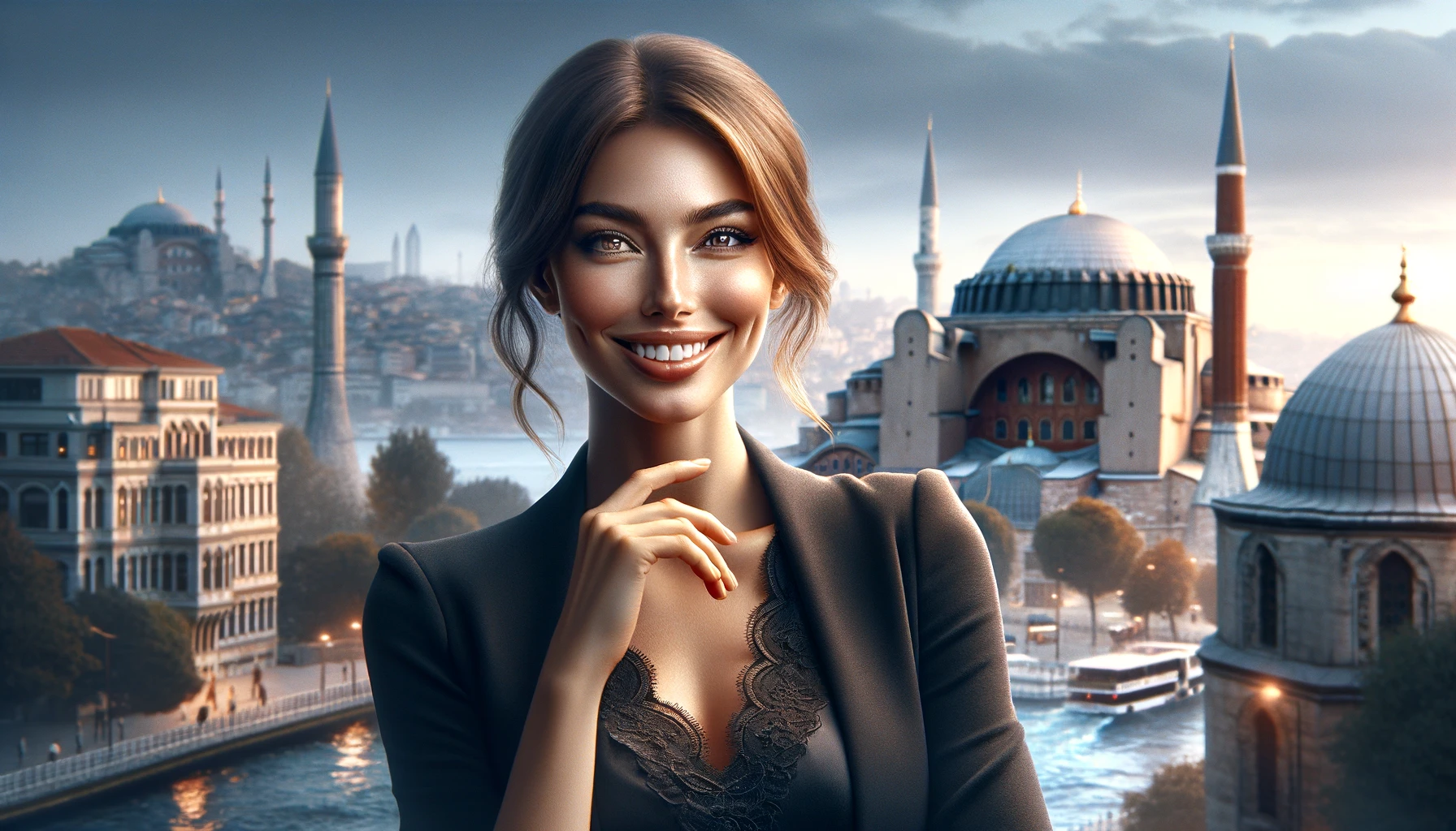 A beautiful woman is standing in Istanbul, smiling warmly. The scene captures the essence of the city, with landmarks like the Hagia Sophia and the Bosphorus Bridge subtly visible in the background. The woman is dressed elegantly, reflecting a blend of modern and traditional styles that resonate with Istanbul's cultural diversity.