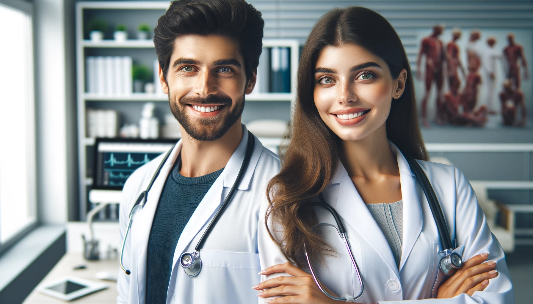 A beautiful smiling Turkish woman and man, both dressed in medical doctor's attire, standing side by side in a modern office environment.